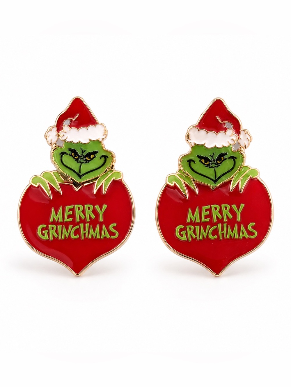 Grinch Who Stole Christmas Red Heart Love Santa Claus Hat Enamel 1.75" Earrings